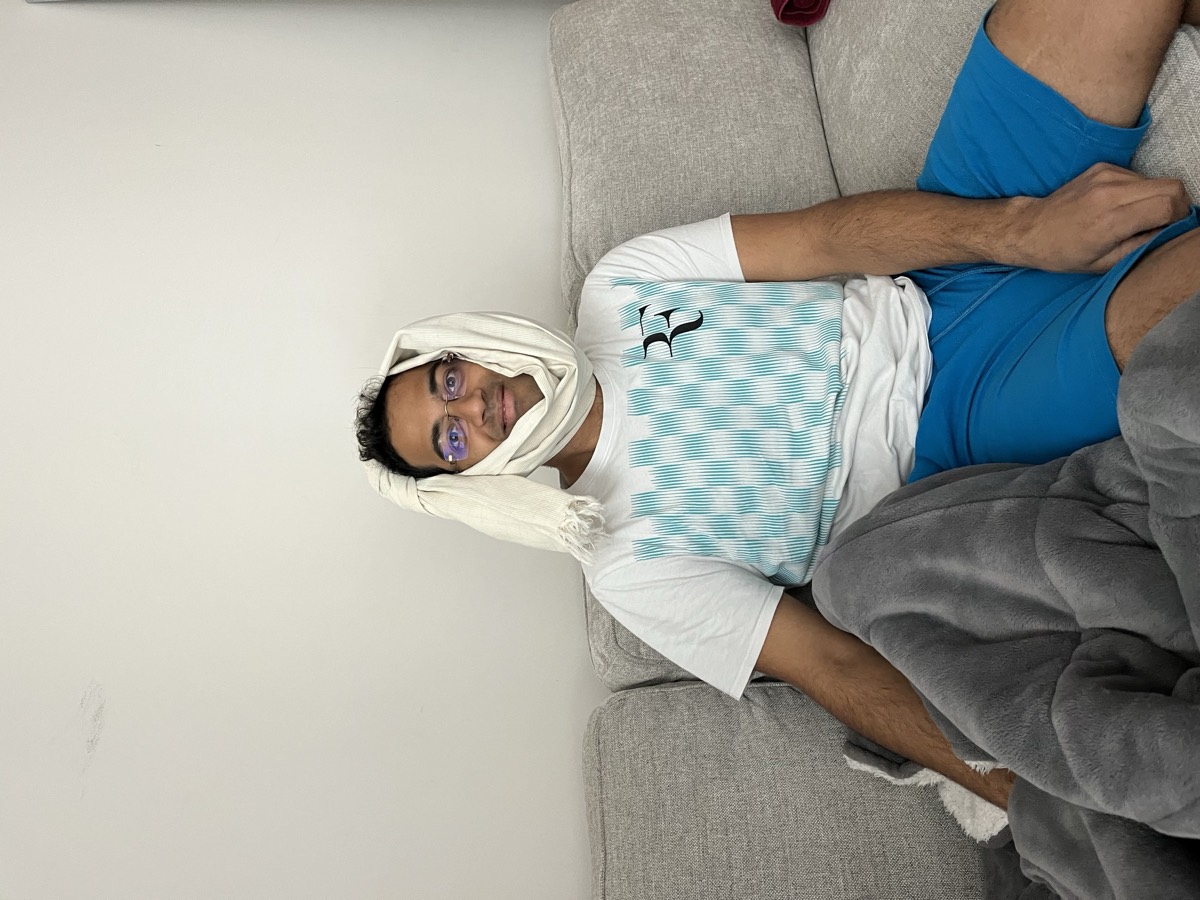 Rohith with a towel wrapped around his head